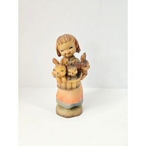 Anri wooden carved figure girl rabbits 6" Italy bunnies 1094/1500 basket of joy